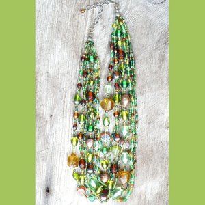 7 Strand Glass Bead Iridescent Statement Necklace With Shimmering Foil Art Beads